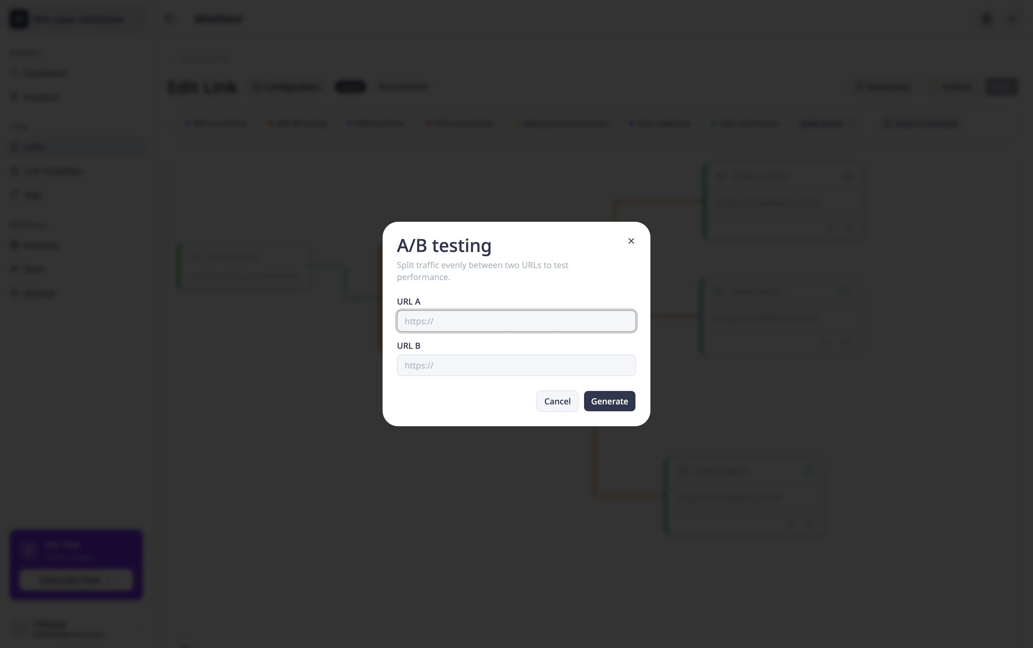 A/B testing preset modal with two URL fields