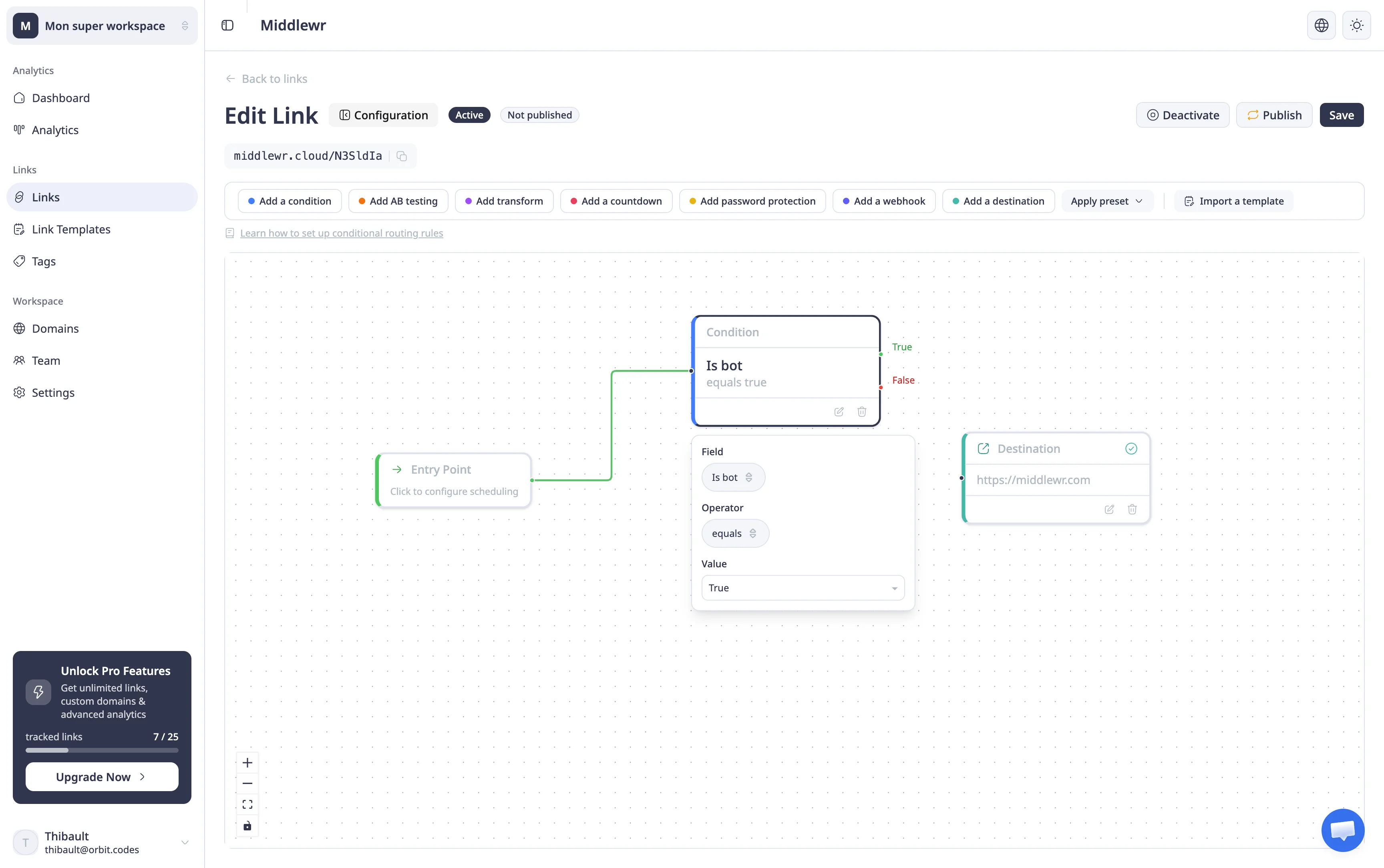 Condition node configured with Is bot equals true