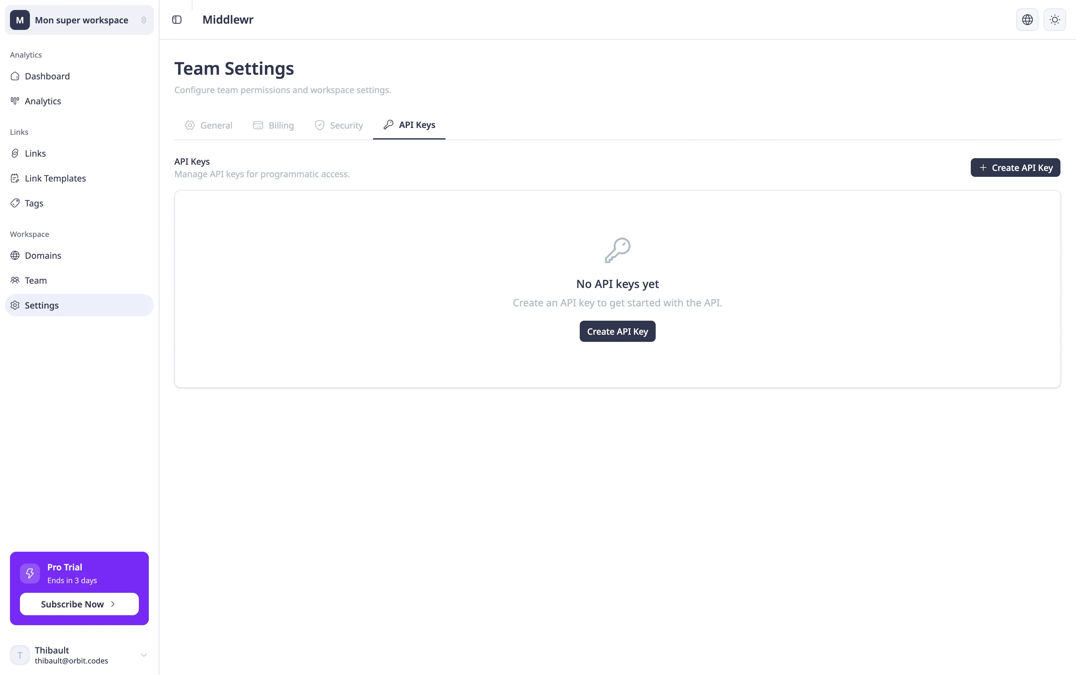 API Keys settings page