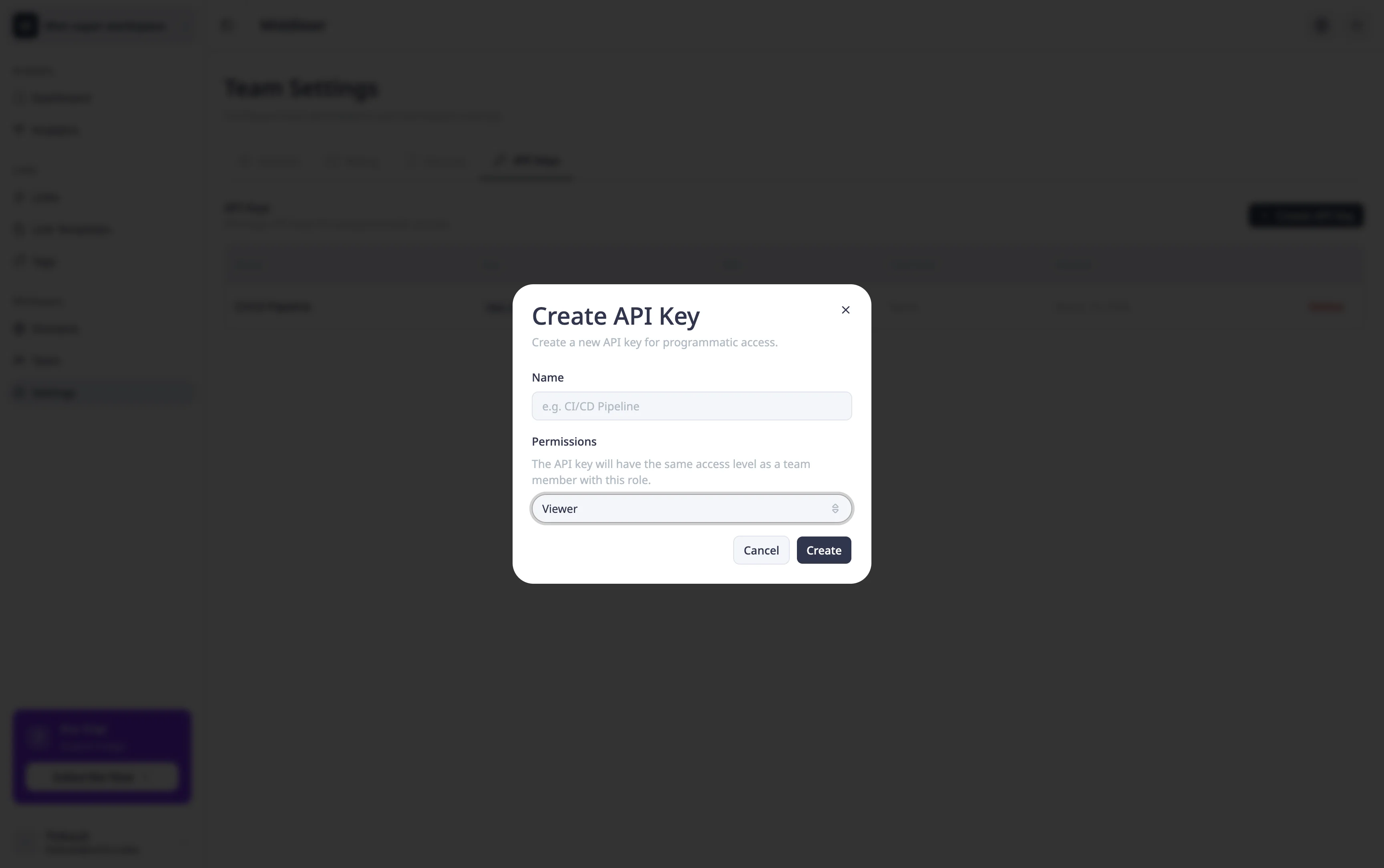 Create API key modal