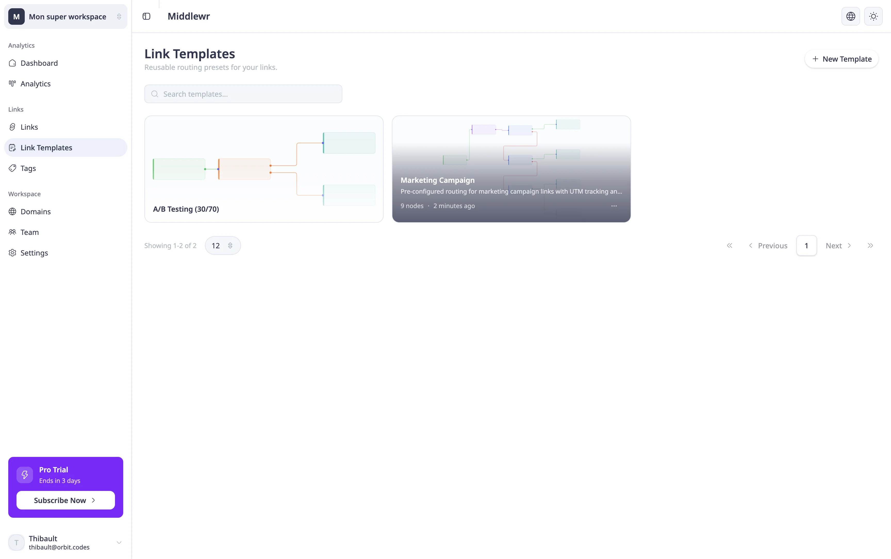 Link Templates page showing template cards in a grid