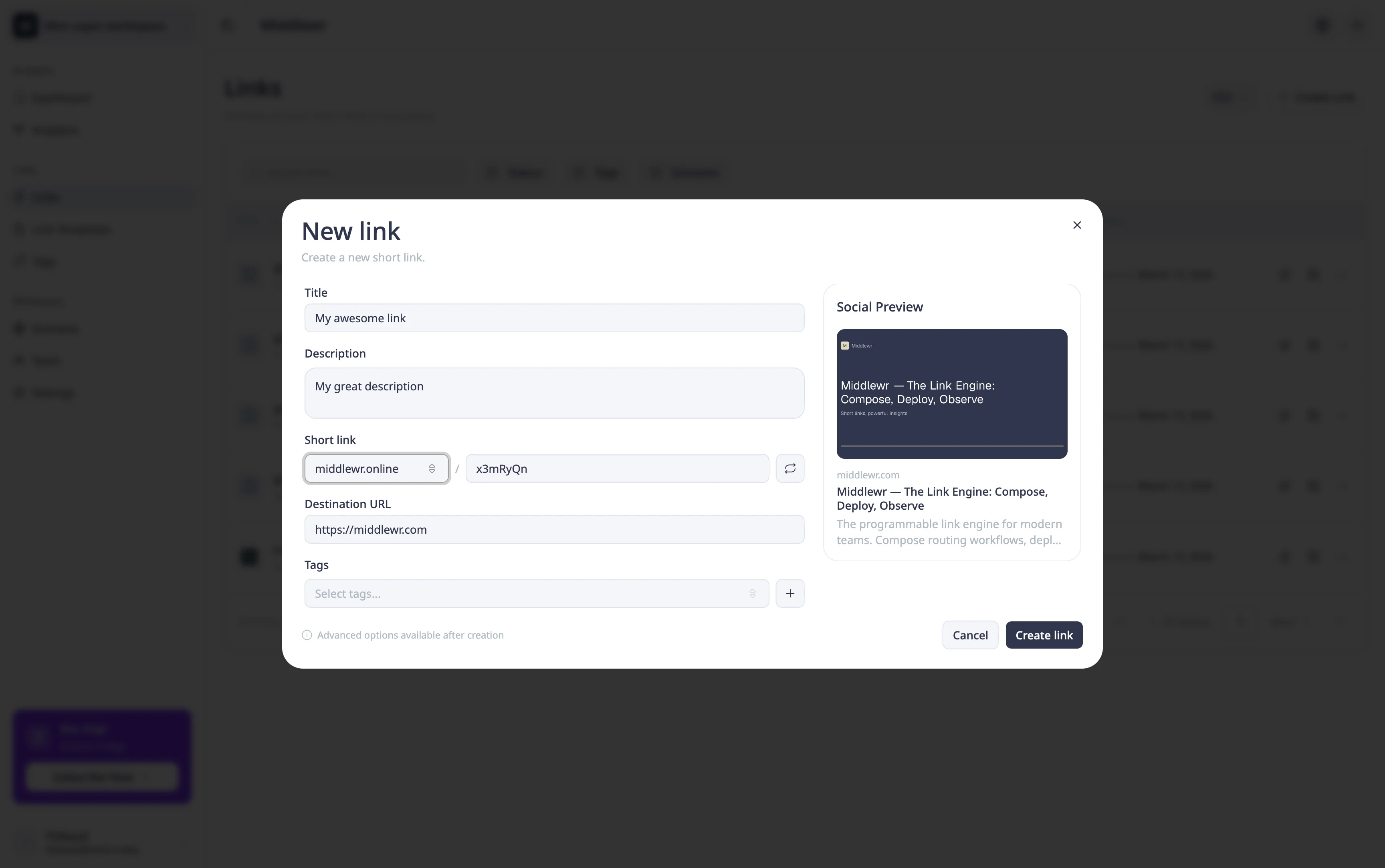 Link form filled with options