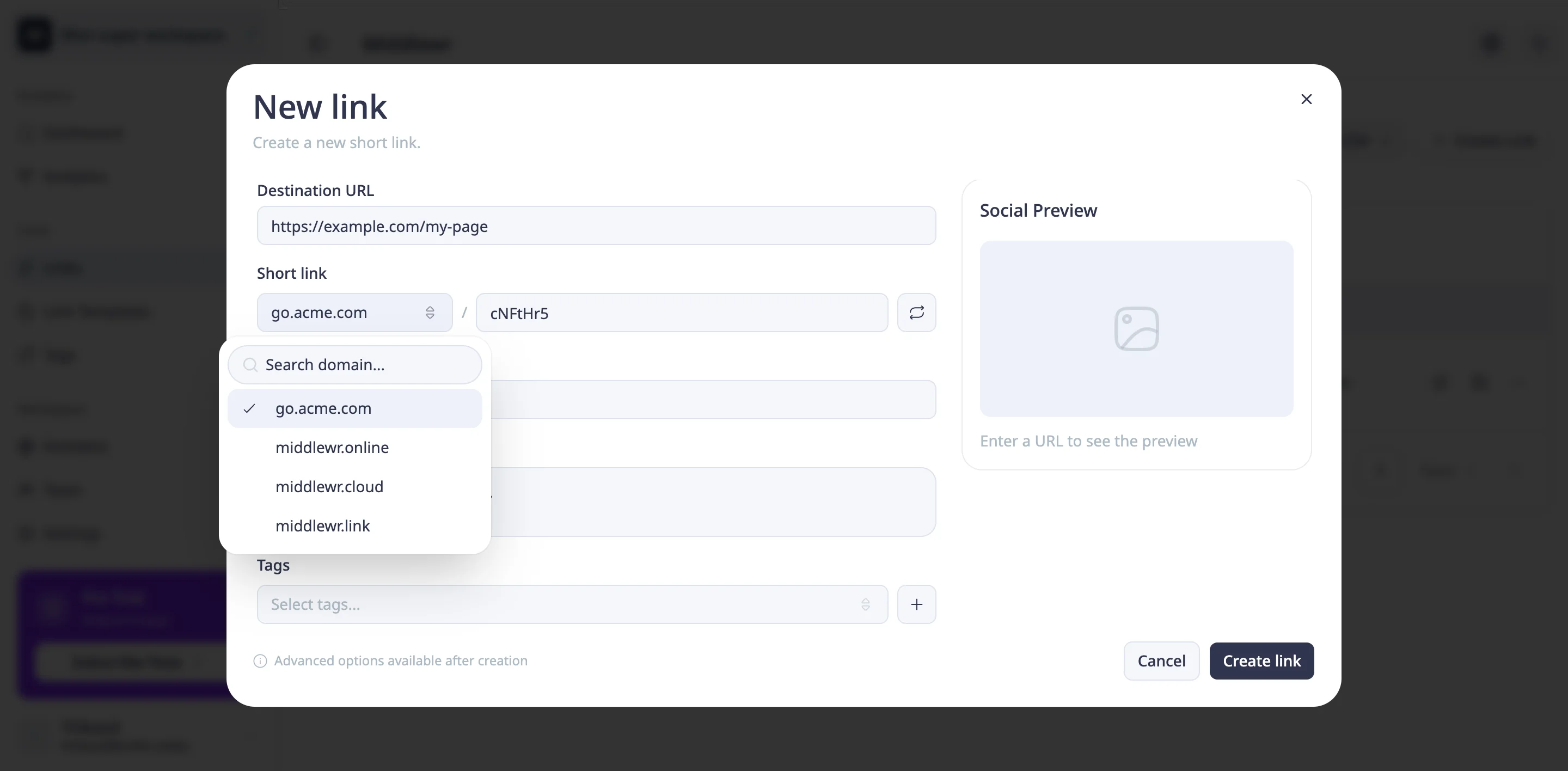 Custom domain in the link creation form