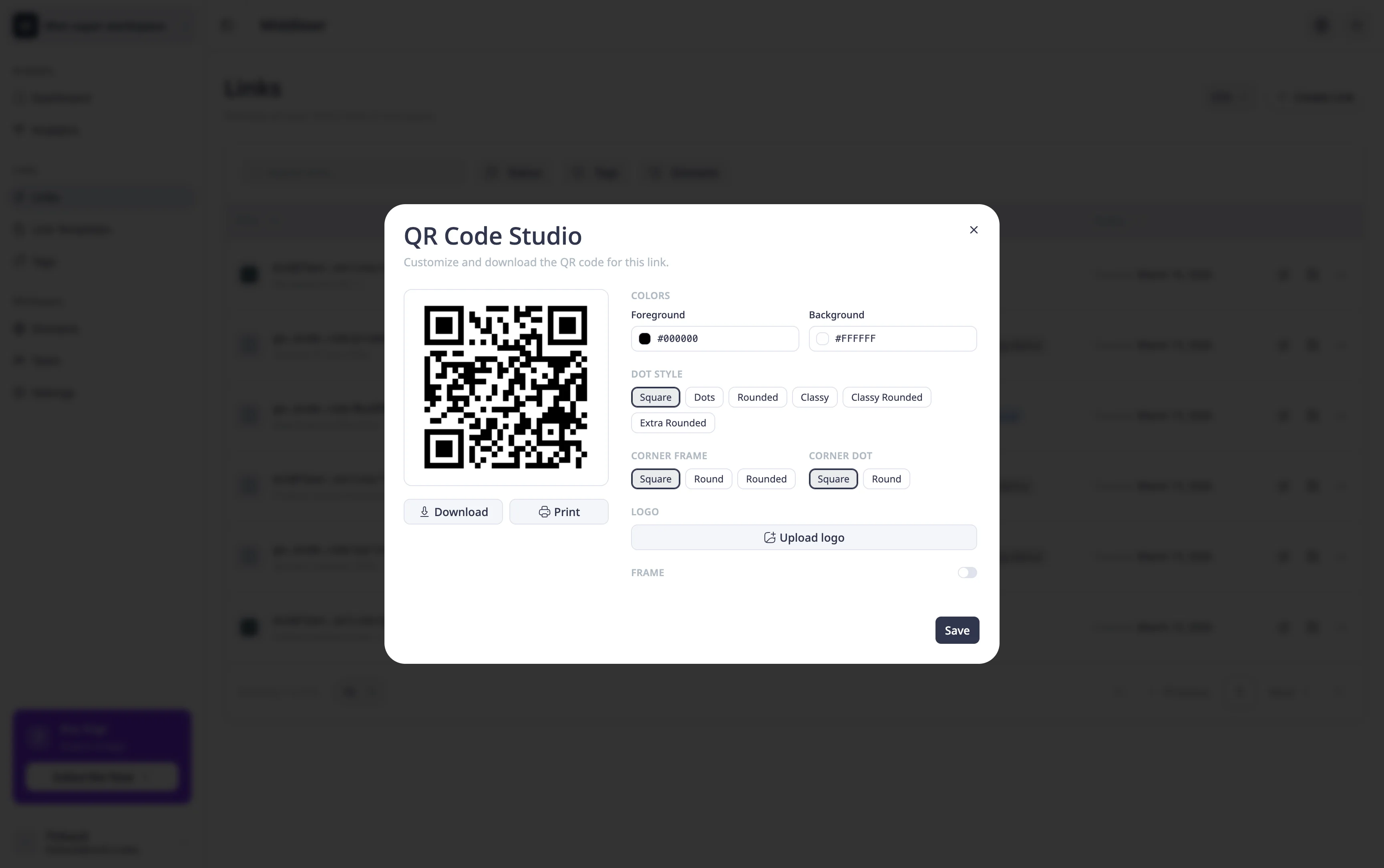 QR Code Studio modal showing the live preview on the left and customization panel on the right