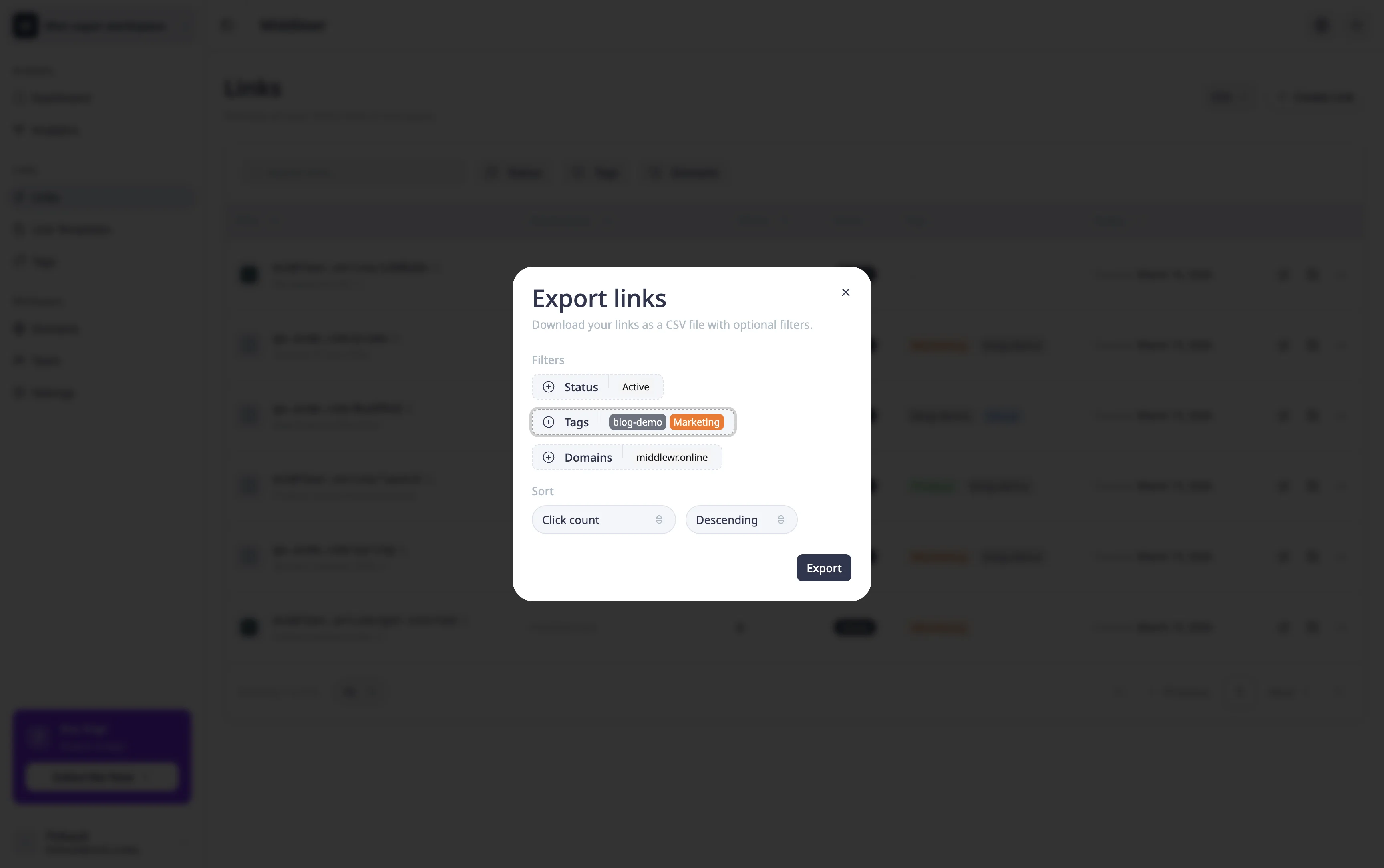 Export modal with filter and sort options