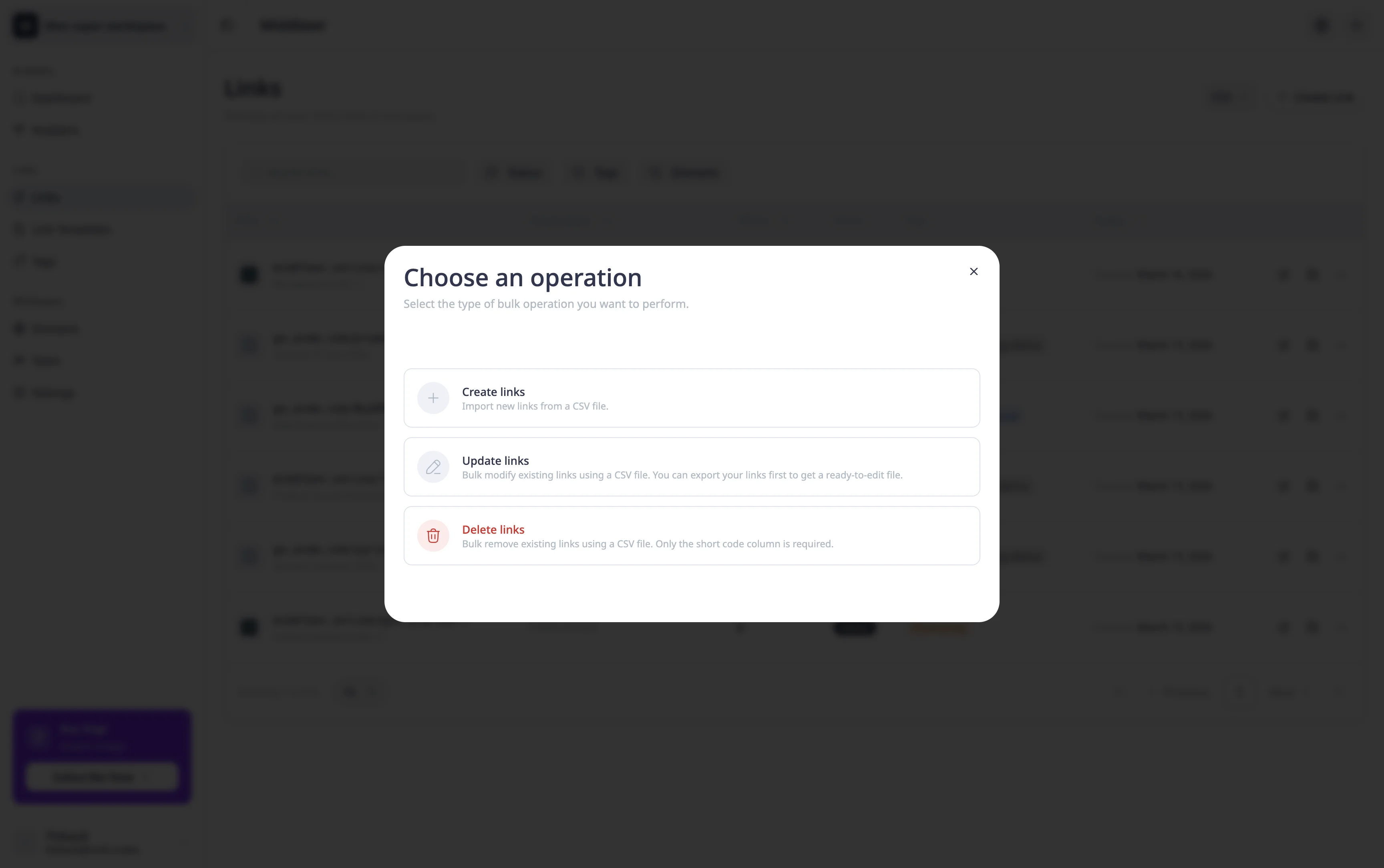 Import wizard showing operation selection