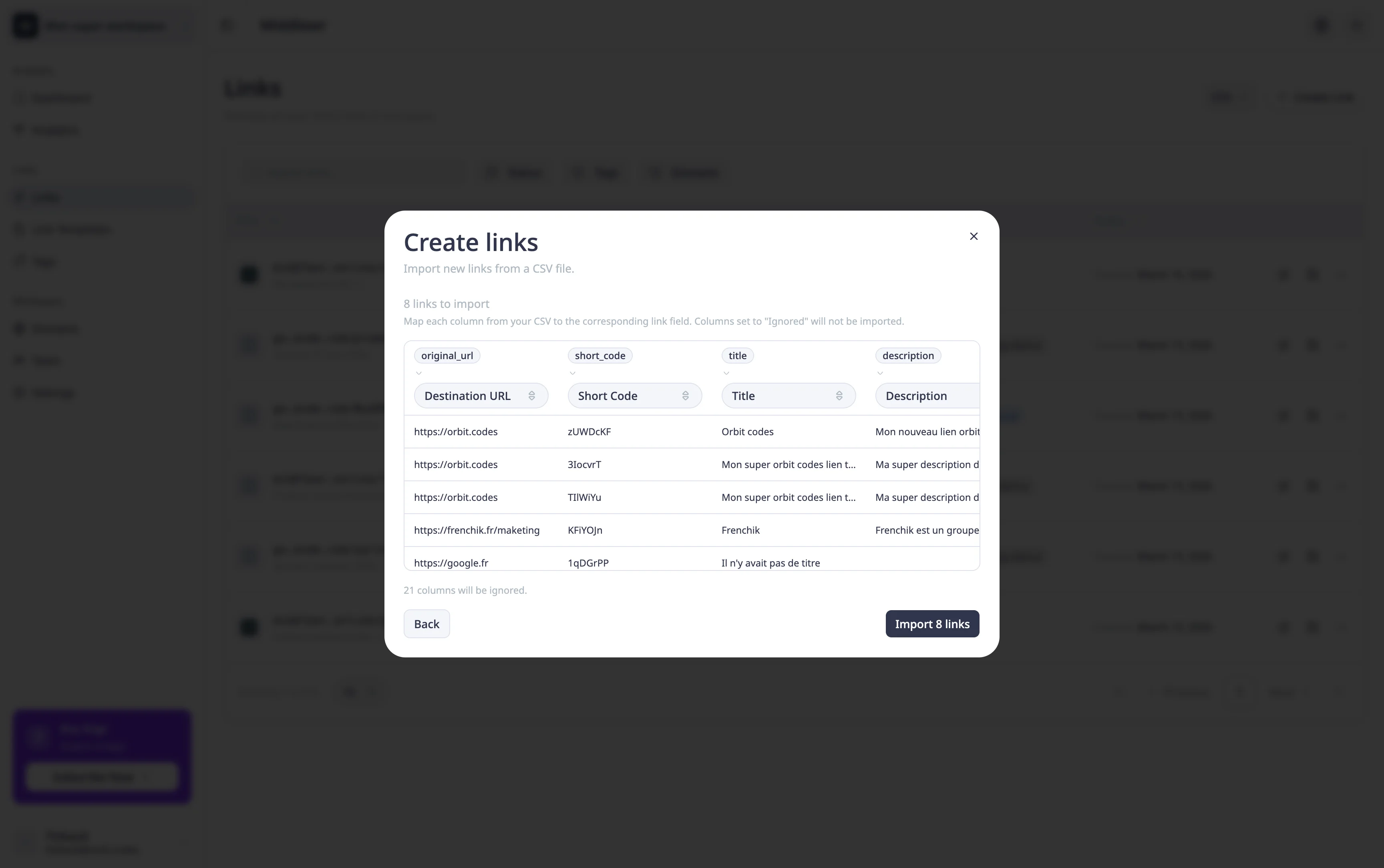 Preview table with column mapping dropdowns