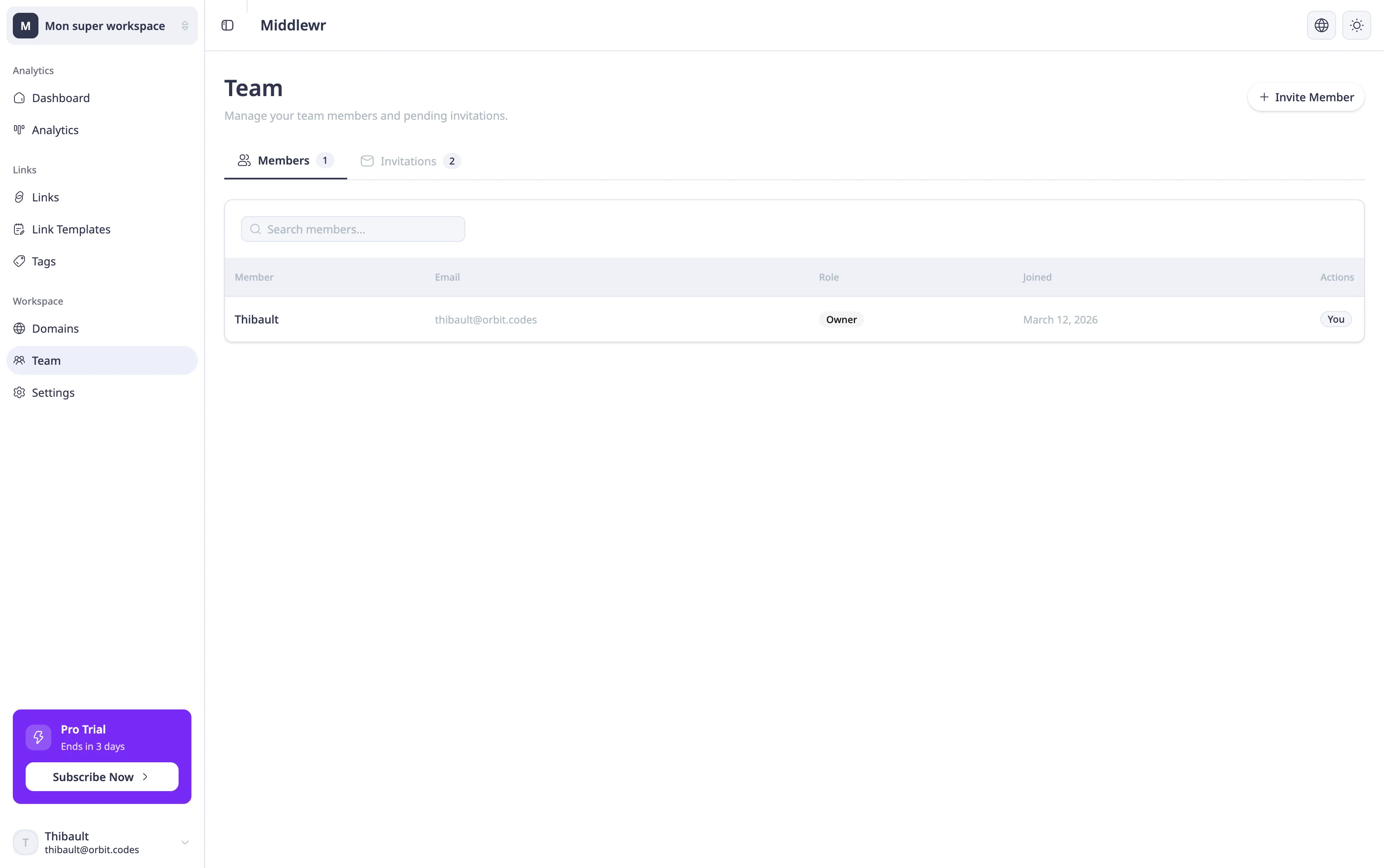 Team page with members list