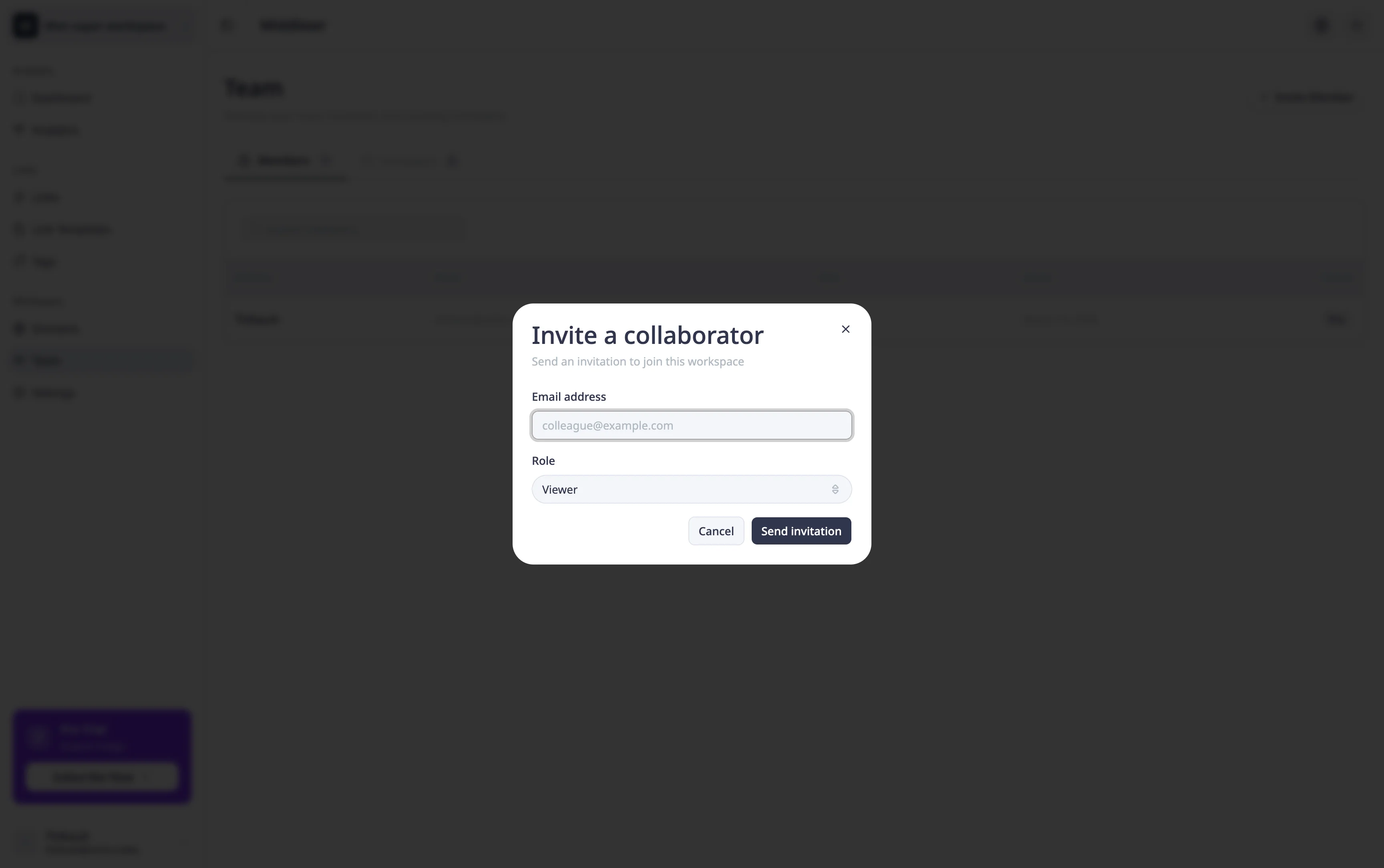 Invite member modal with email and role