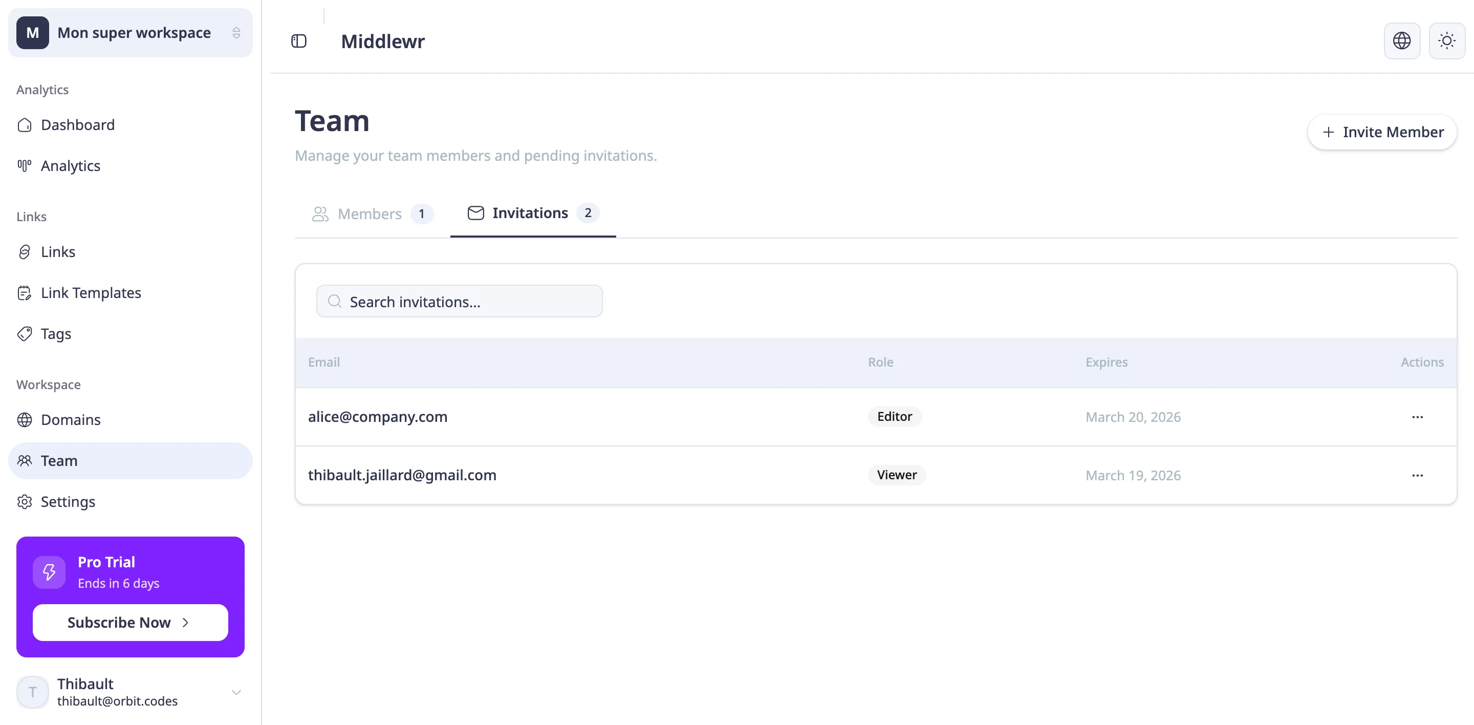 Invitations tab with pending invitations