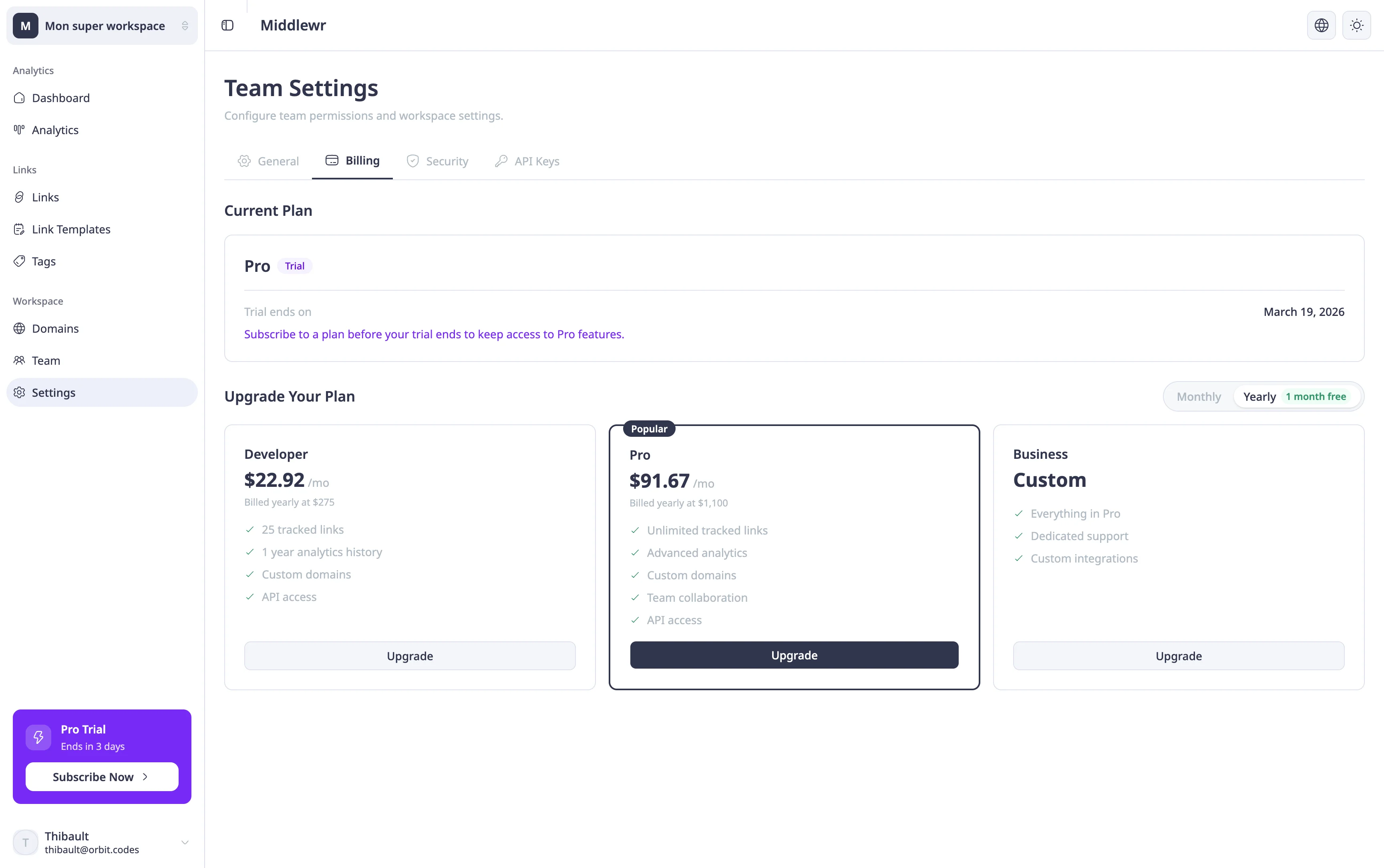 Billing page showing current plan and upgrade options