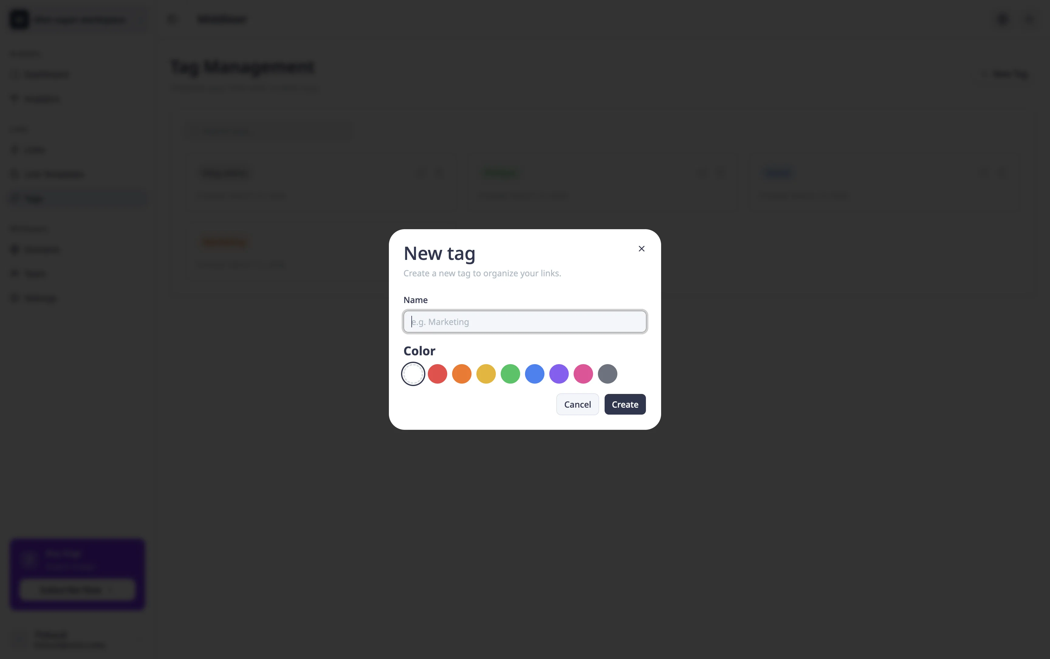 Tag creation modal with name and color fields