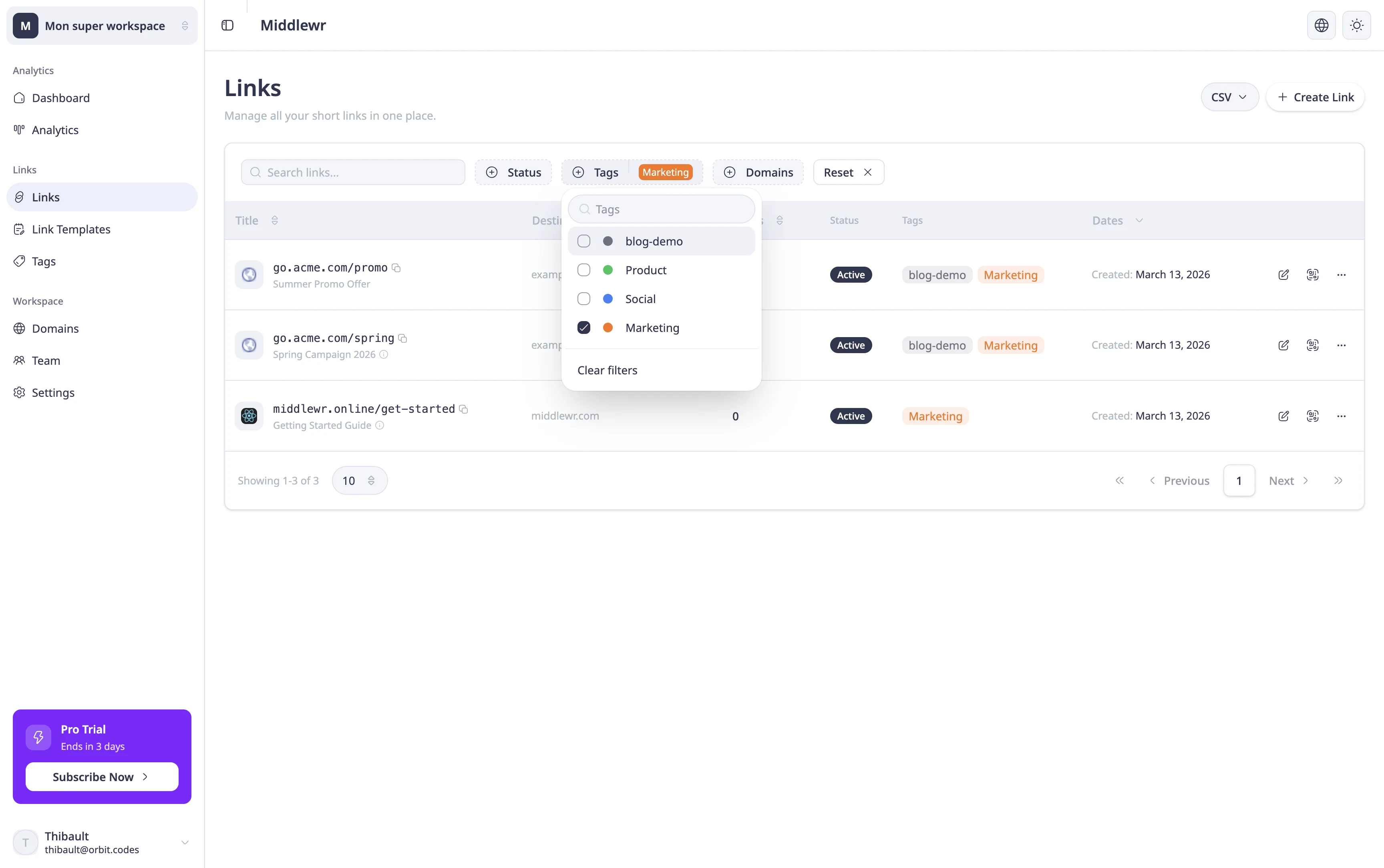 Links table filtered by tag