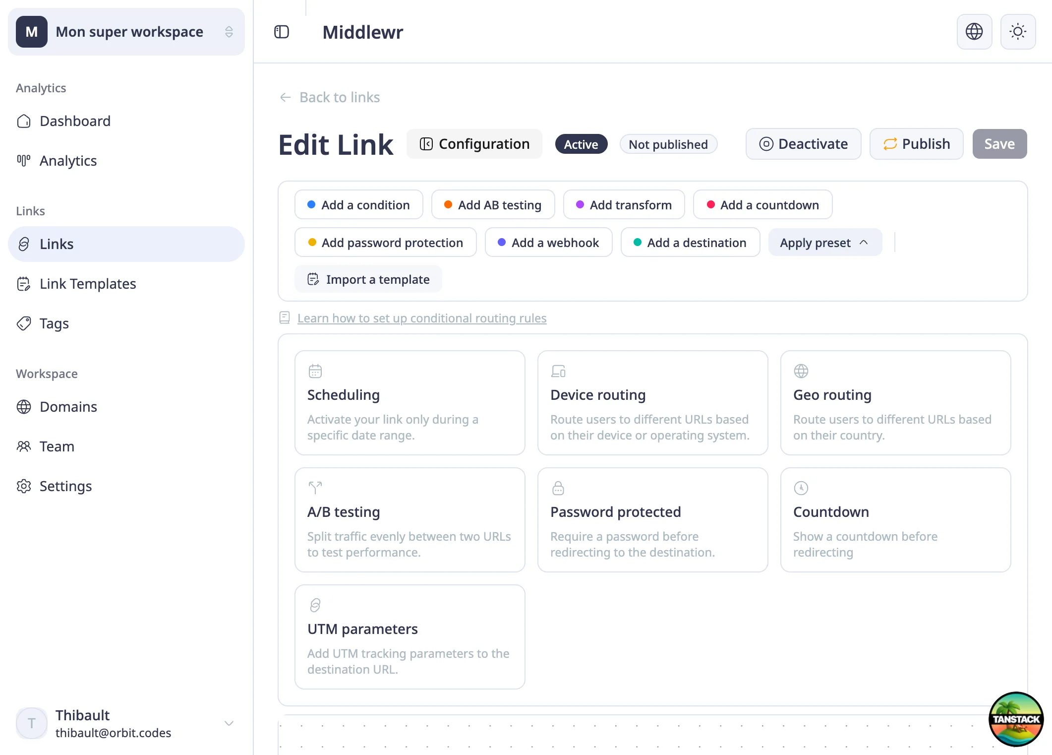 Link editor with preset cards showing UTM parameters option