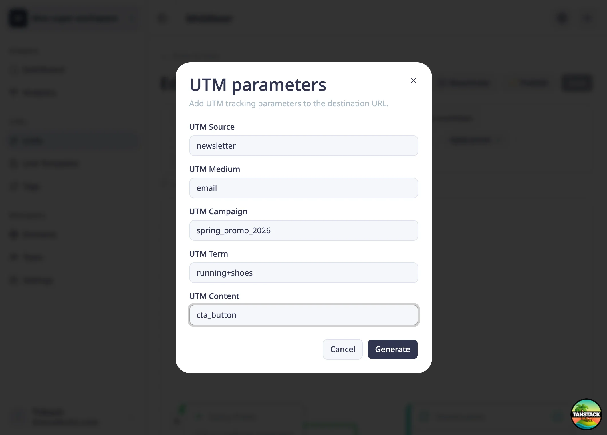 UTM parameters modal filled with example values